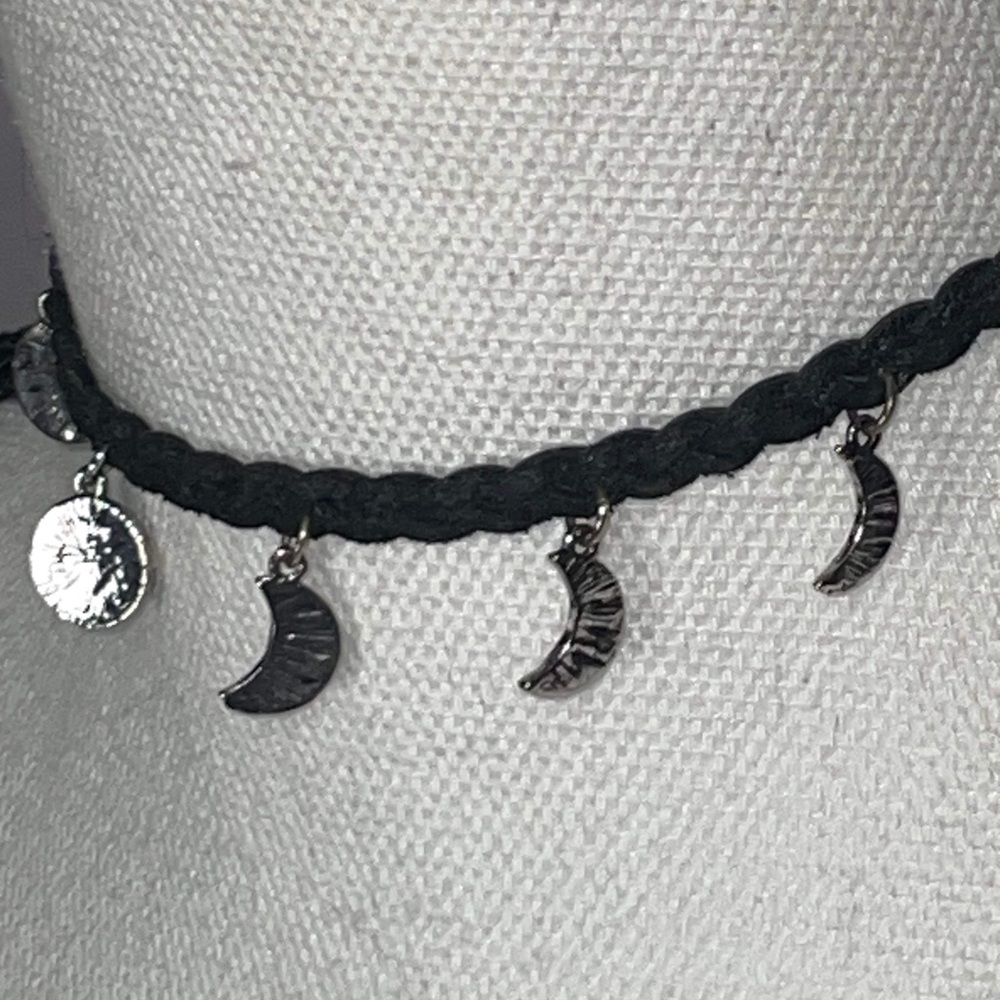 Black faux leather braided choker chain with silver moons - boho - - Picture 2 of 3